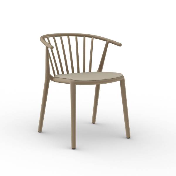Woody plastic chair with armrests and upholstery