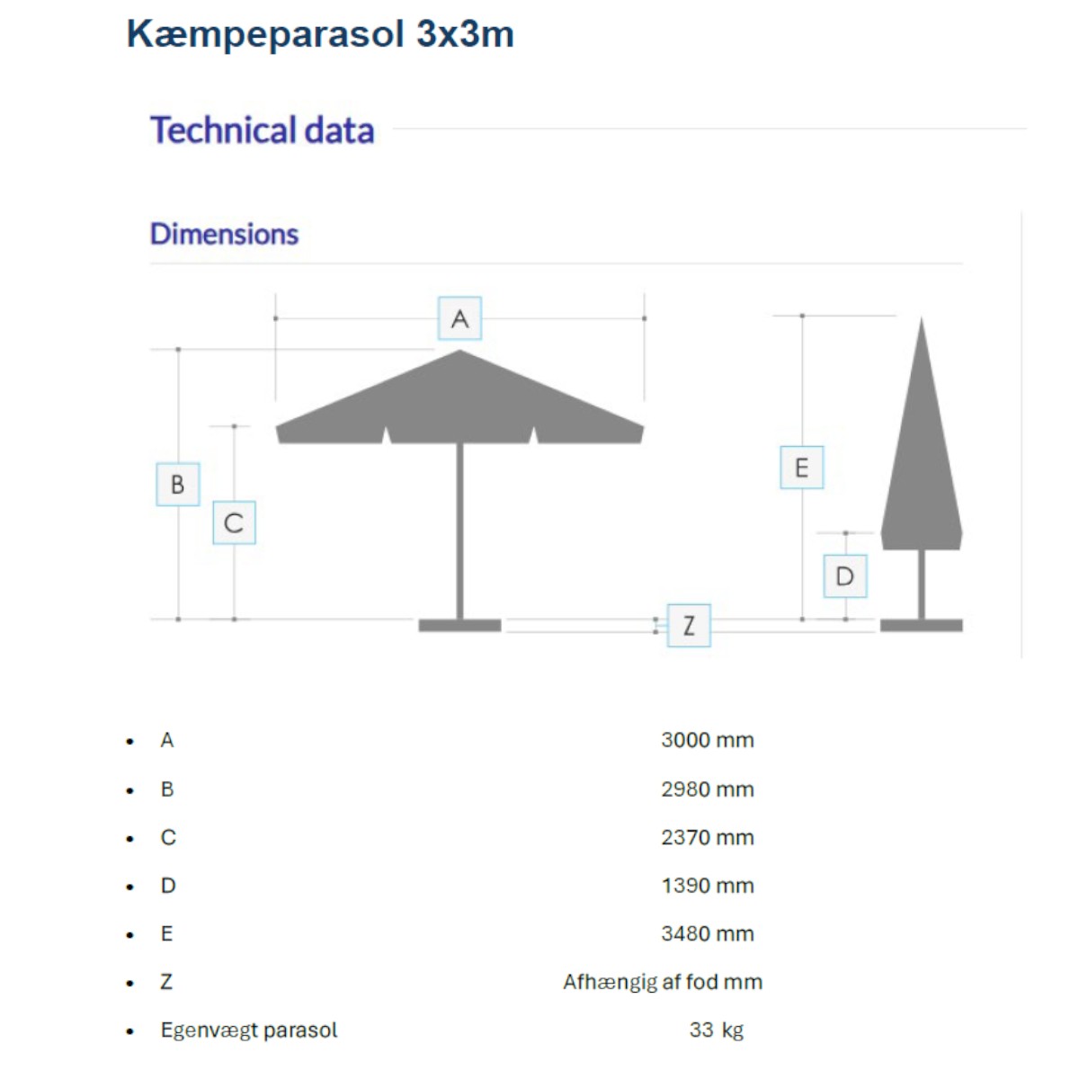 Giant parasol - 3x3m with valance - NEW