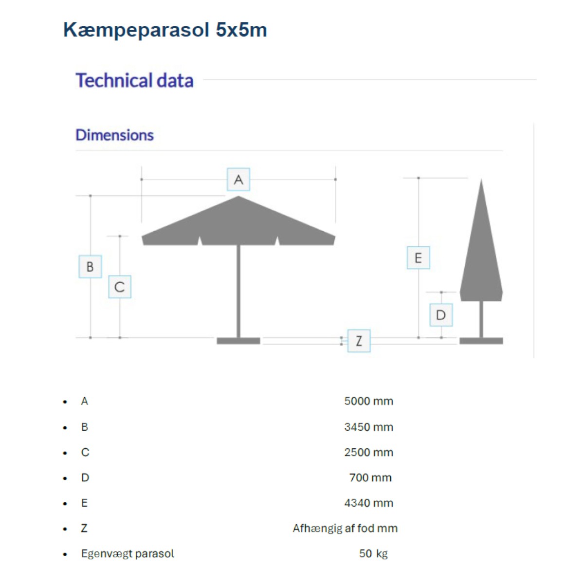 Giant parasol - 5x5m w/o valance - NEW