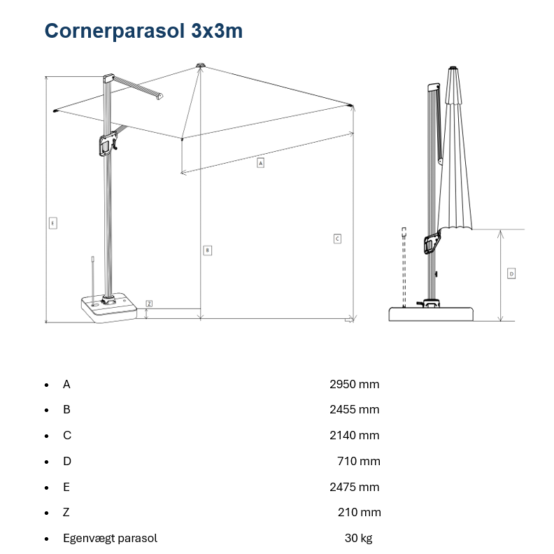 Corner Parasol v.2 3x3m 280gr/m2 Polyester canopy - NEW