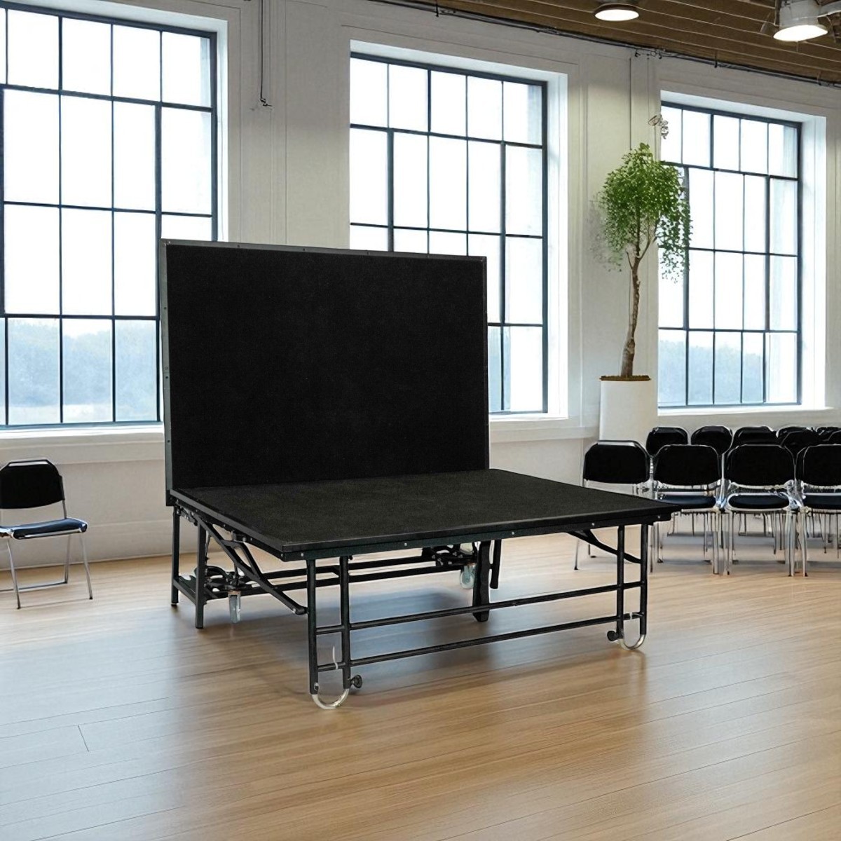 Z-Stage foldable stage on wheels, black carpet