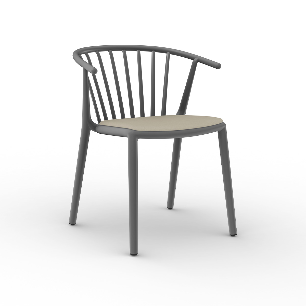 Woody plastic chair with armrests and upholstery