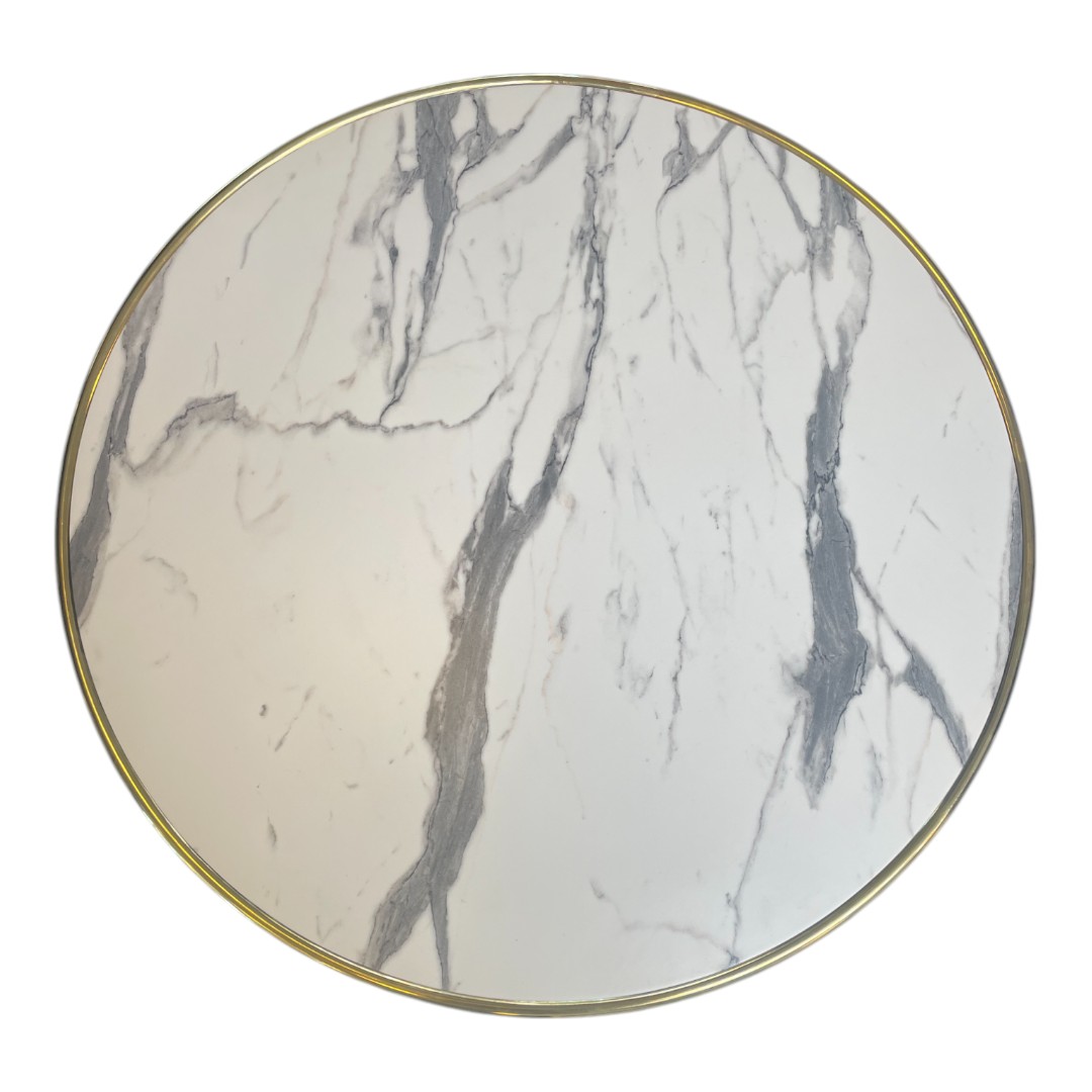 Carrara marble look/brass tabletop round