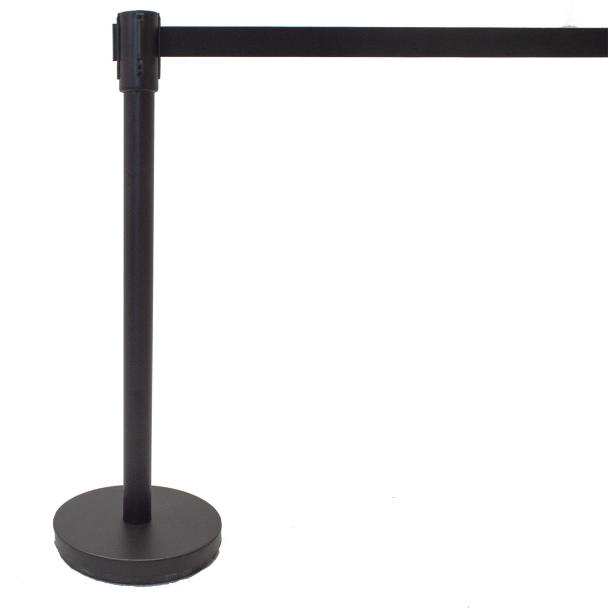 Commercial barrier post with tape, black