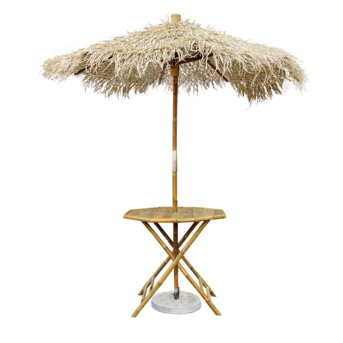 Bamboo parasol with palm leaf canopy including foldable table