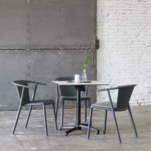 Steely plastic chair with armrests and upholstery