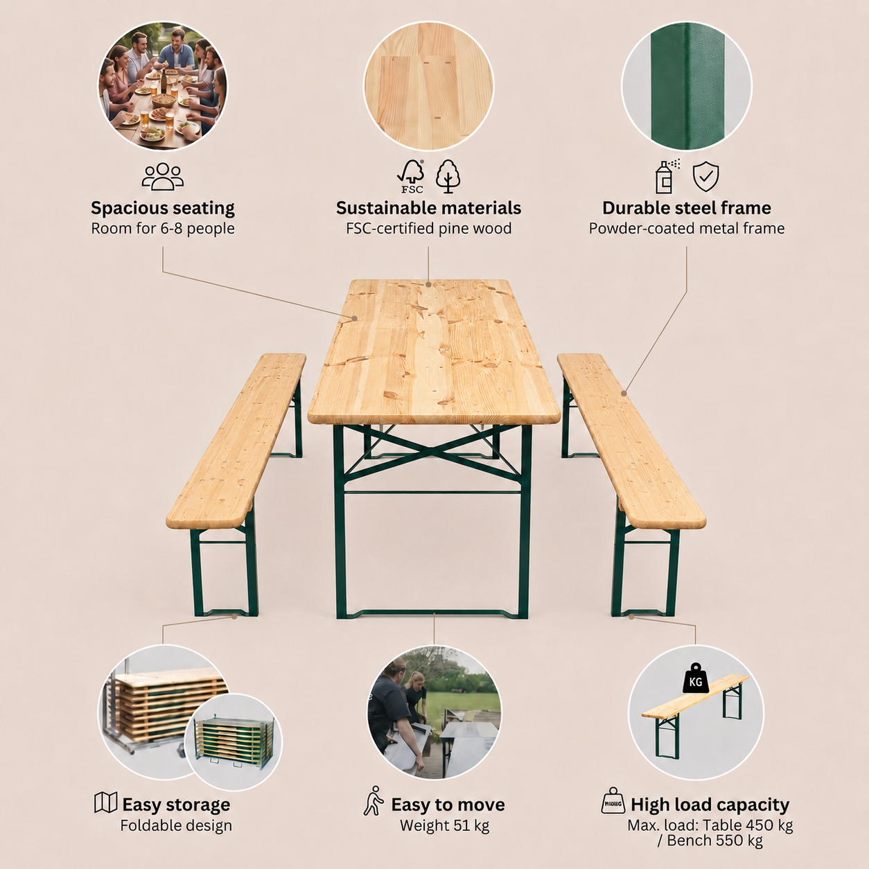 Standard table/bench set 220x80cm Natural color