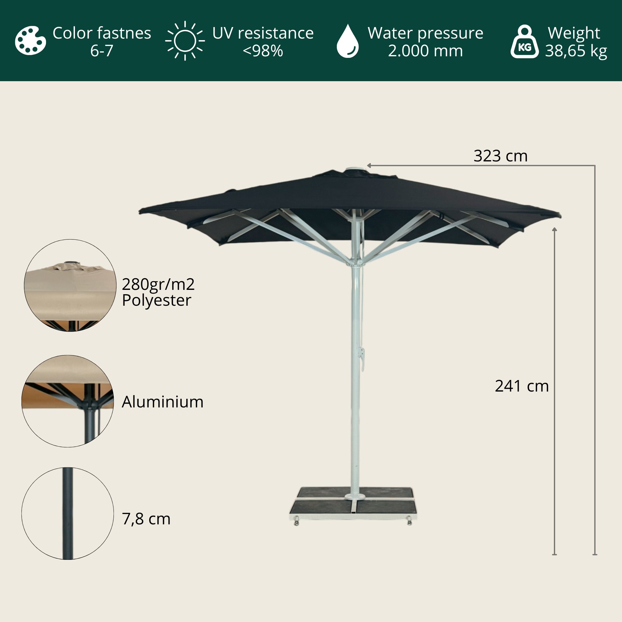 Giant parasol 4x4m complete without valance - Grey Frame